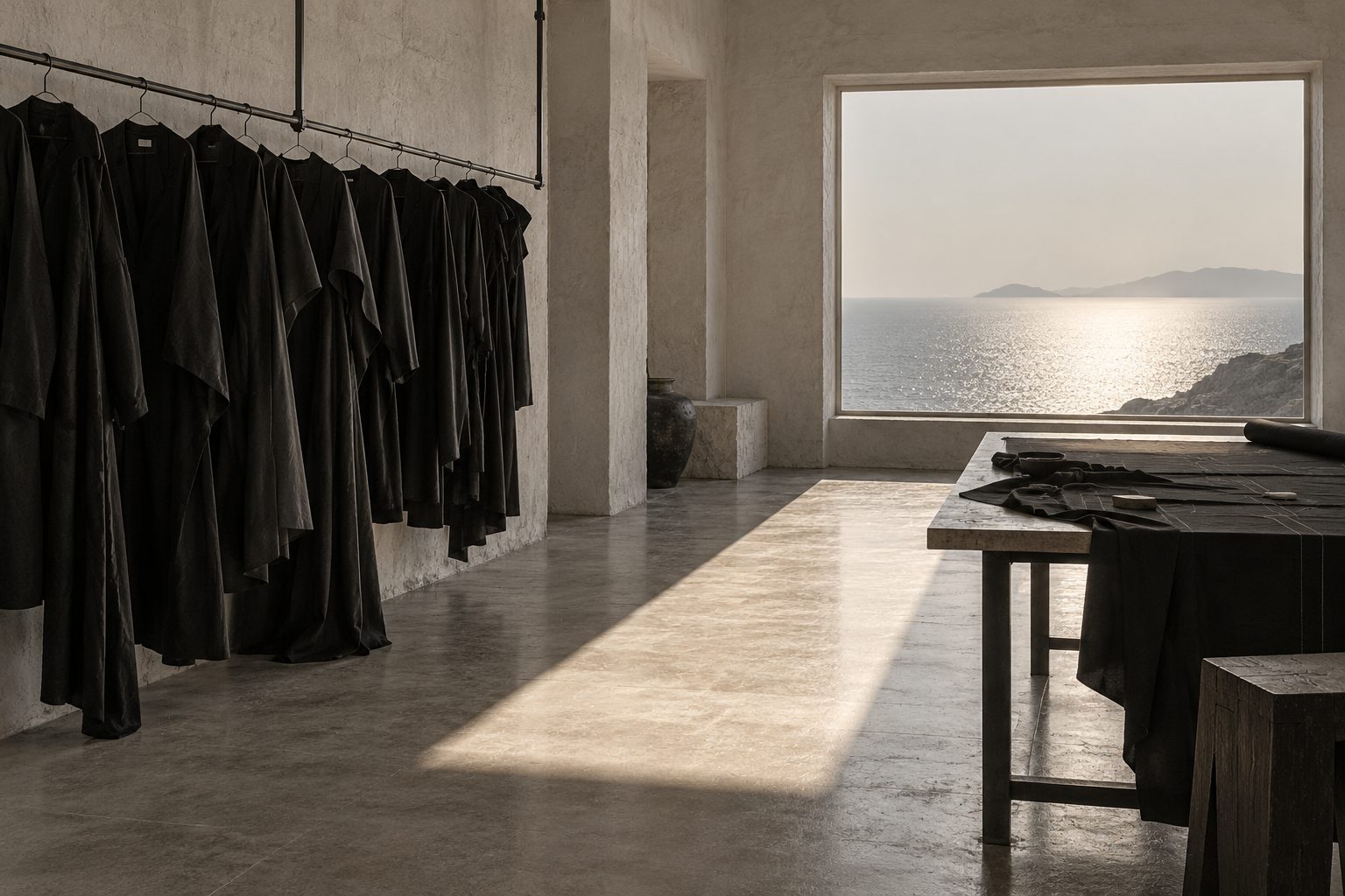 The atelier: whitewashed walls, a rail of black garments, a cutting table and a window onto the Persian Gulf.